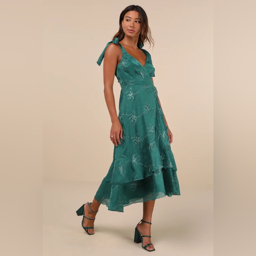 NWT Lulus Elegant Direction Green Embroidered Ruffled Tie-Strap Midi Dress XL
